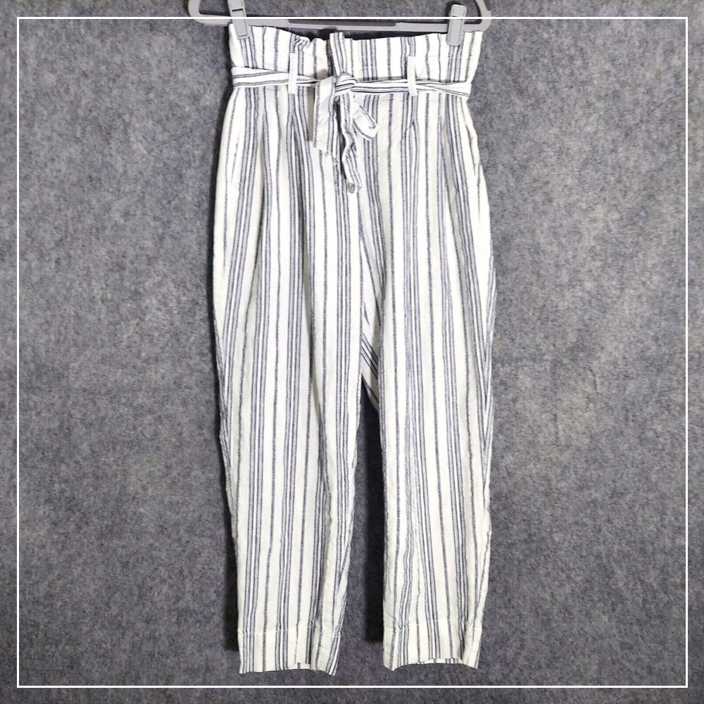 Madewell White & Navy Striped Paperbag Waist Straight Leg Pants